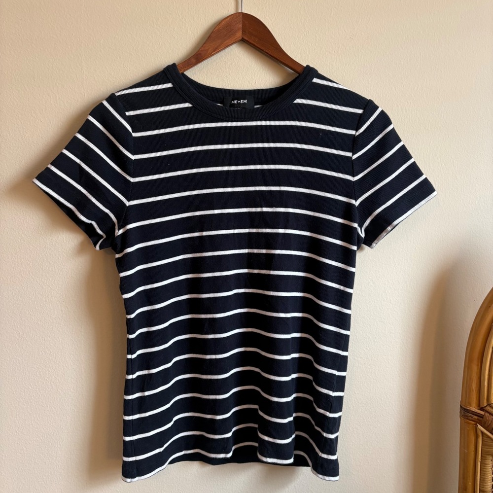 ME+EM Womens Preppy Luxury Striped Cotton Blend Crewneck T Shirt